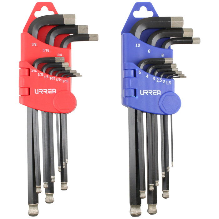 Juego de llaves hexagonales tipo "L" punta de bola diamante, combinadas, 18 piezas Urrea