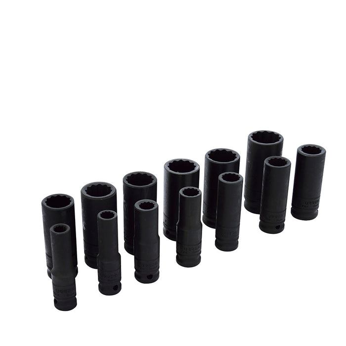 Juego de dados largos de impacto cuadro de 1/2", 12 puntas, en pulgadas, 13 piezas Urrea