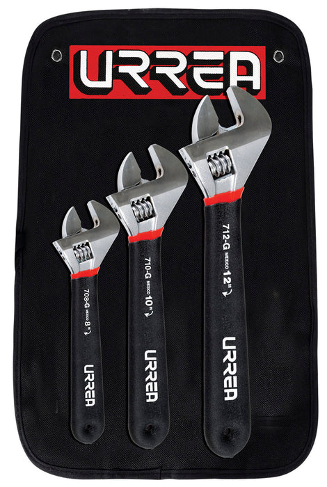 Juego de llaves ajustables cromadas con mango Rubber Grip, 3 piezas en estuche Urrea