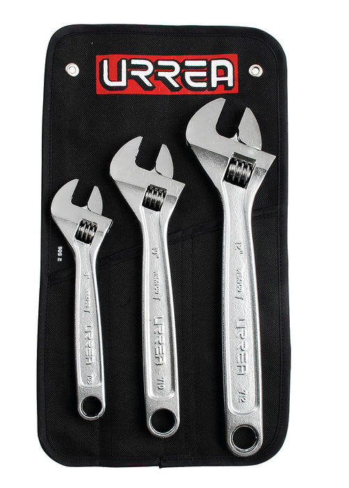 Juego de llaves ajustables cromadas, 3 piezas en estuche Urrea
