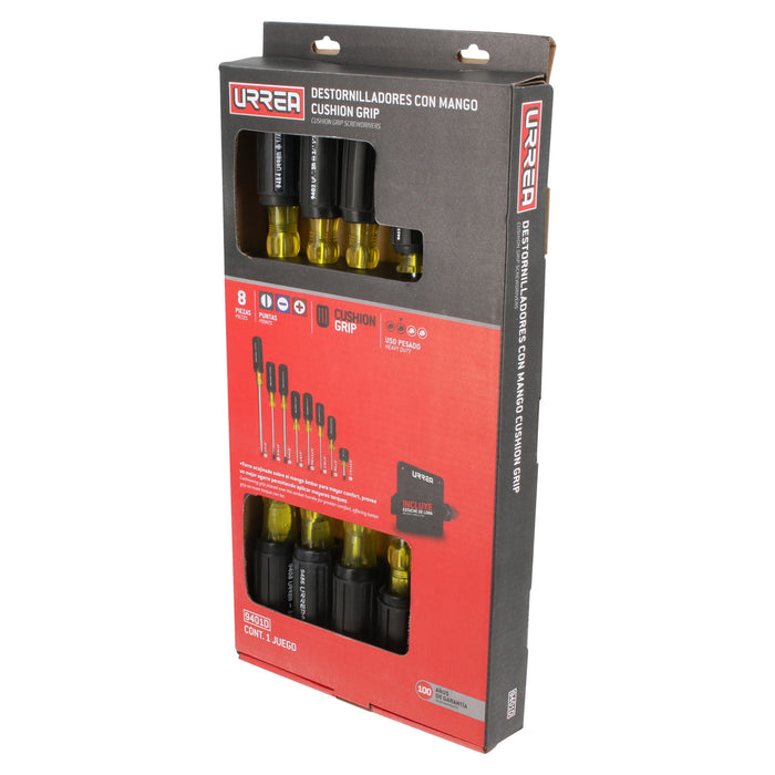 Juego de destornilladores con mango cushion grip, combinados, 8 piezas en caja de cartón Urrea