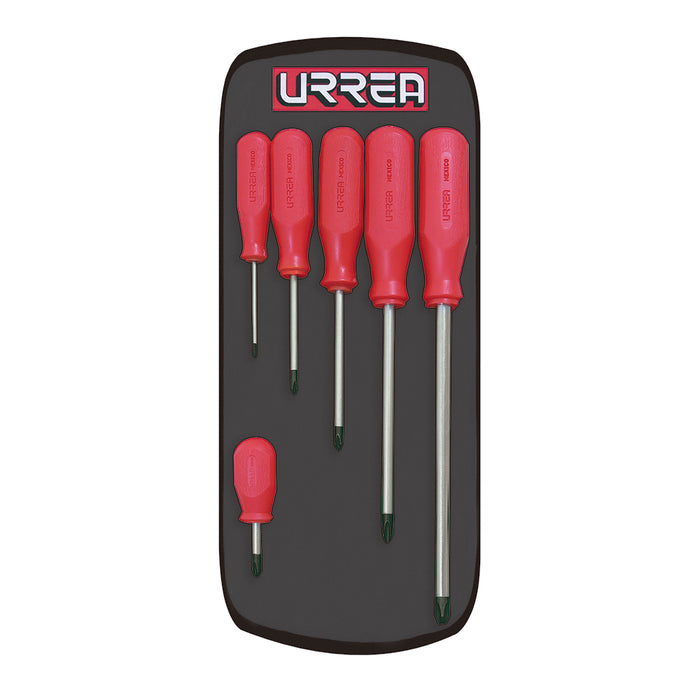 Juego de destornilladores con mango rojo, punta Phillips, 6 piezas en estuche Urrea