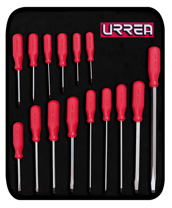 Juego de destornilladores con mango rojo, combinados, 15 piezas en estuche Urrea