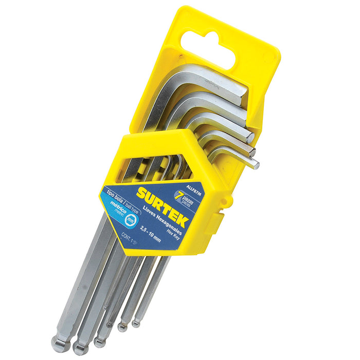 Juego de llaves hexagonales tipo "L" punta de bola, métricas, 7 piezas en rack Surtek