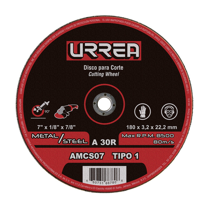 Disco abrasivo tipo 1 para metal 7" x 1/8" Urrea