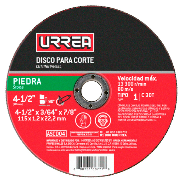 Disco abrasivo tipo 1 para piedra 4-1/2" x 3/64" Urrea