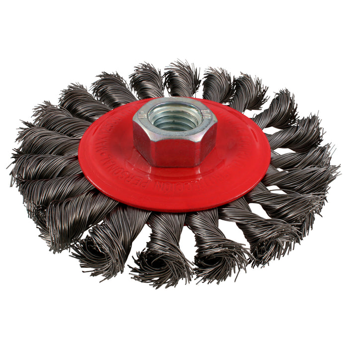 Carda circular trenzada alambre delgado de acero inoxidable 4" x 0.35 mm con rosca 5/8" Urrea