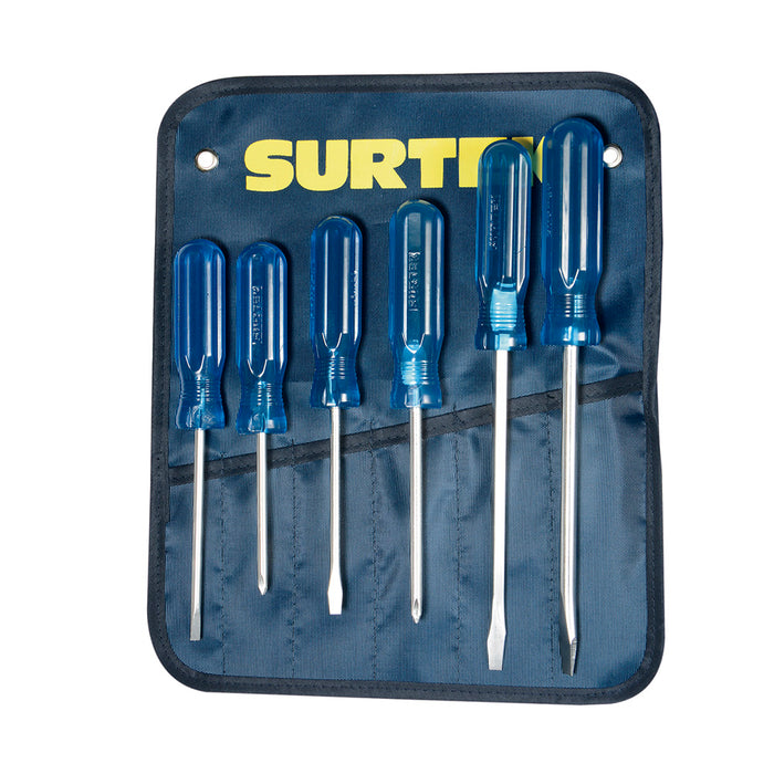 Juego de destornilladores con mango azul combinados, 6 piezas en estuche Surtek