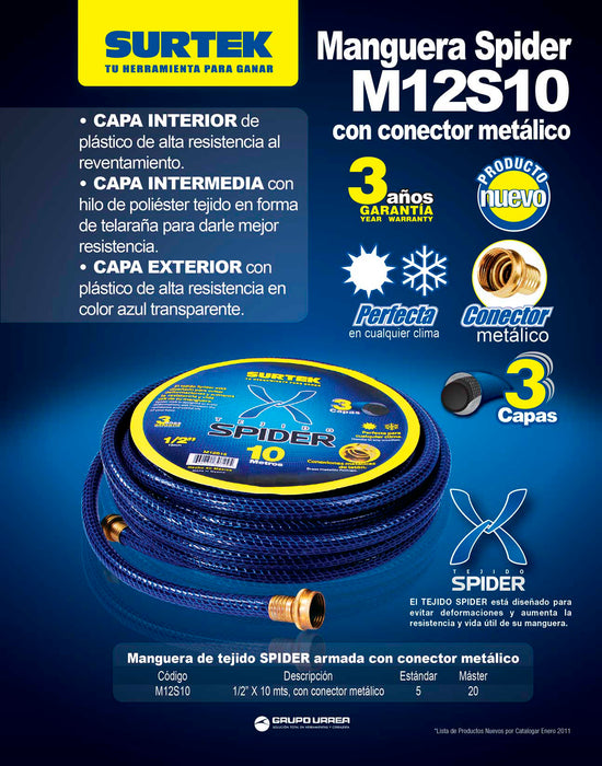 Manguera para jardín tejido spider con conector metálico 1/2", 10 m Surtek