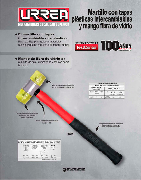 Martillo con tapas plásticas con mango de fibra de vidrio de 11-1/4", 14 oz Urrea