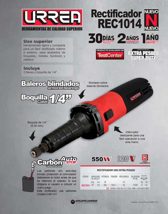 Rectificador recto 1/4" 550 W 120 V, 2,700 RPM Urrea