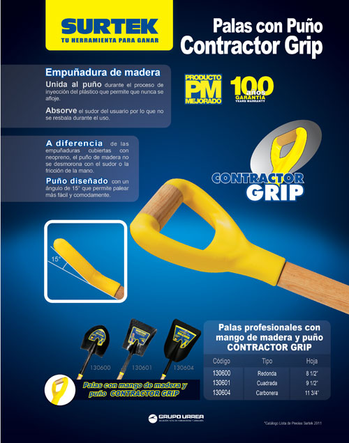 Pala con mango de madera con puño contractor grip, cuadrada Surtek