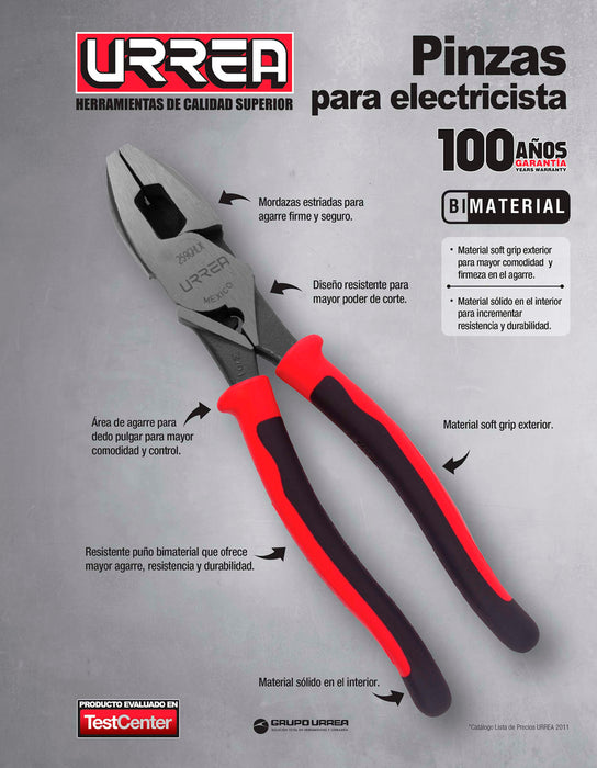 Pinza para electricista con mango bimaterial de 8-21/32" corte lateral alta palanca Urrea
