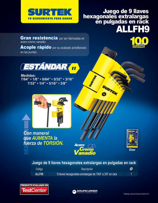 Juego de llaves extra largas hexagonales tipo "L", en pulgadas, 9 piezas en rack Surtek