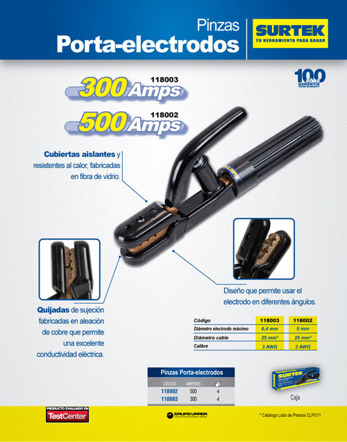 Pinza porta electrodos 500 A Surtek