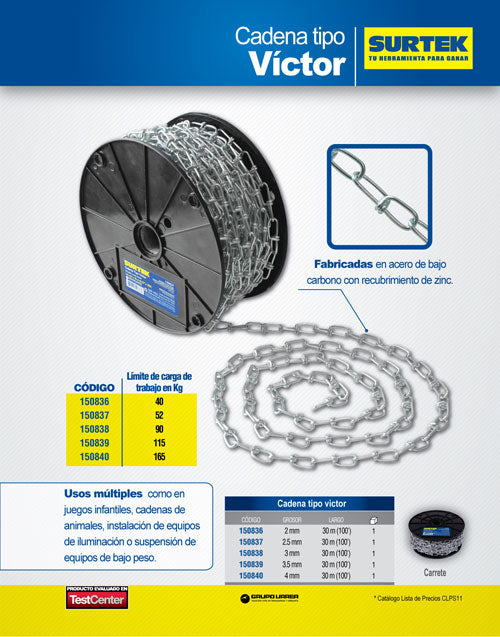 Cadena de acero al carbón tipo Víctor 2.5 mm x 30 m Surtek