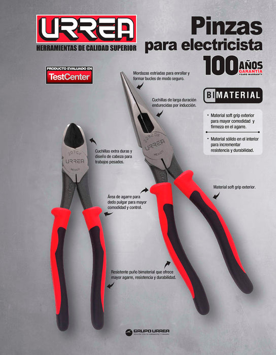 Pinza para electricista con mango bimaterial de 8-7/16" punta larga corte lateral sin reso Urrea