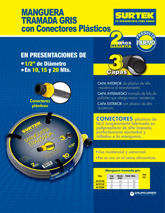 Manguera para jardín tramada gris con conector plásticos 1/2", 15 m Surtek