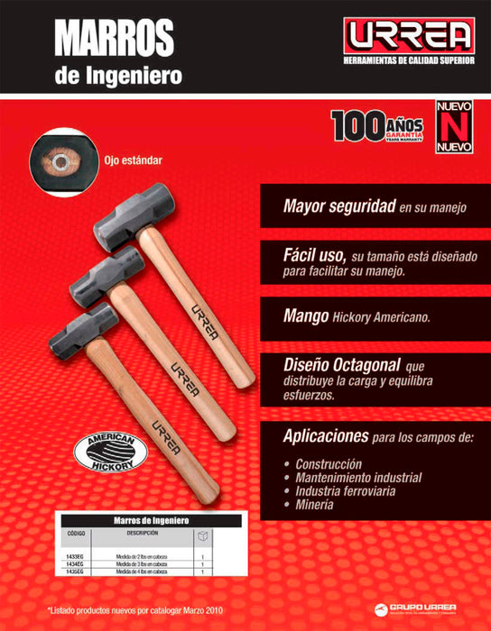 Marro octagonal cabeza maquinada con mango de madera de 16", 2 lb Urrea