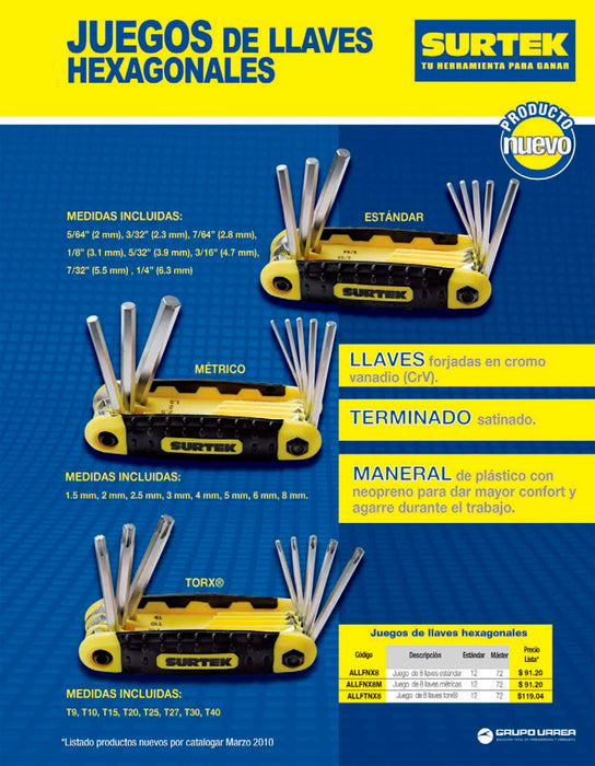 Juego de llaves hexagonales tipo navaja métricas estuche bimaterial, 8 pz Surtek