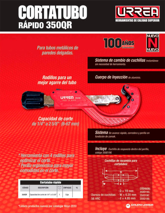 Cortatubos cuerpo de aluminio de 1/4" a 2-5/8" cambio rápido Urrea