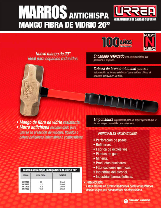 Marro de bronce-aluminio antichispa de 18lb con mango largo de fibra de vidrio 20" Urrea