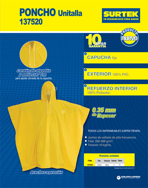 Poncho impermeable sin refljante con interior de poliéster unitalla Surtek