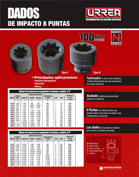 Dado de impacto cuadro de 1/2", 8 puntas, en pulgadas, 11/16" Urrea