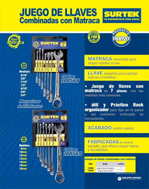 Juego de llaves combinadas pulido espejo de matraca mét, 12 puntas, 7 piezas en rack Surtek