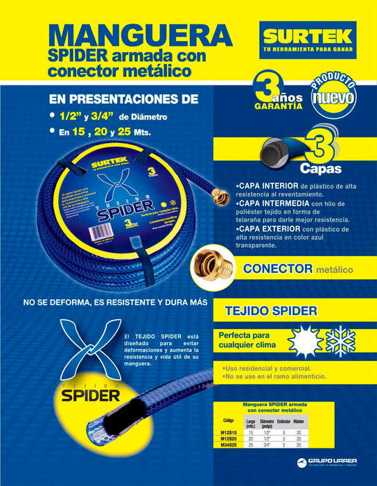 Manguera para jardín tejido spider con conector metálico 1/2", 20 m Surtek