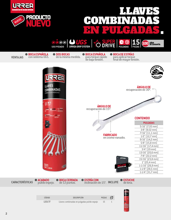 Juego de llaves combinadas pulido espejo en pulgadas, 12 puntas, 15 pz en tubo full color Urrea