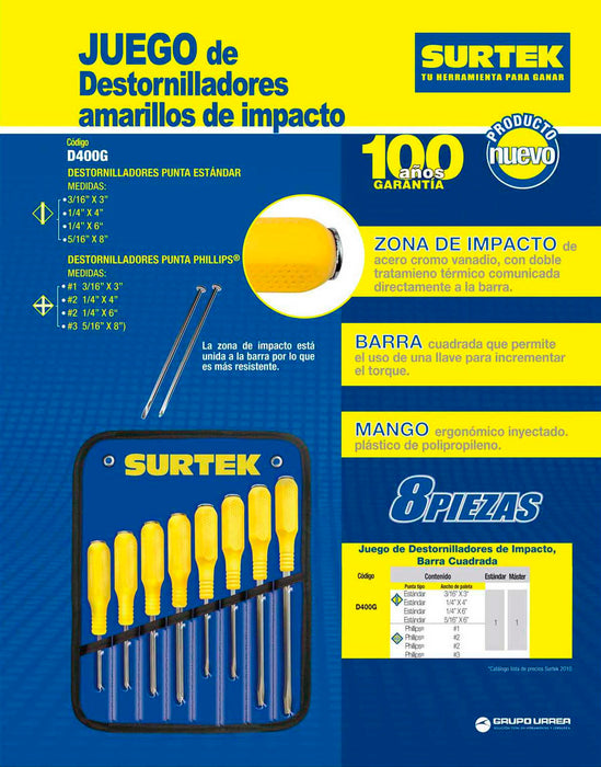 Juego de destornilladores con mango amarillo de golpe combinados, 8 piezas en estuche Surtek