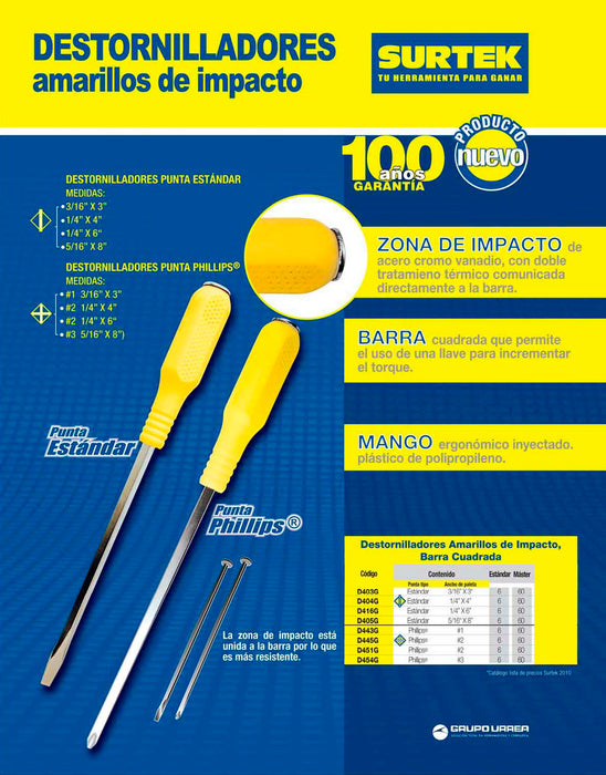 Destornillador con mango amarillo de golpe, punta plana barra cuadrada 1/4" x 6" Surtek