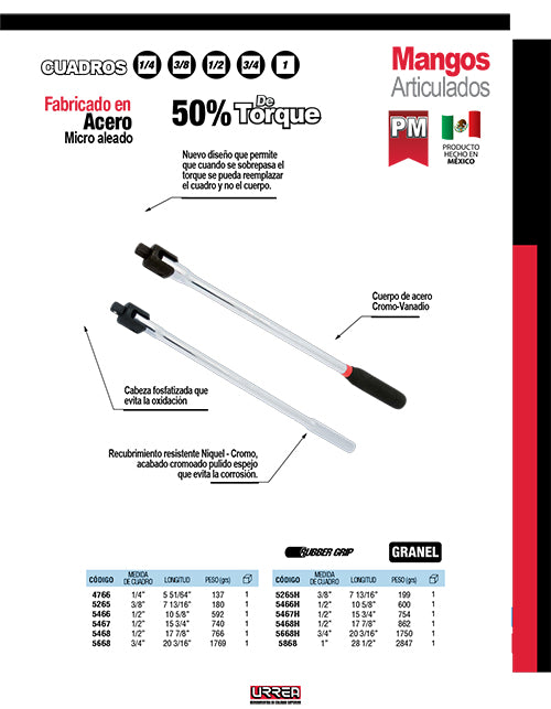 Mango articulado cromado para dado cuadro de 1/4", 13/16" Urrea