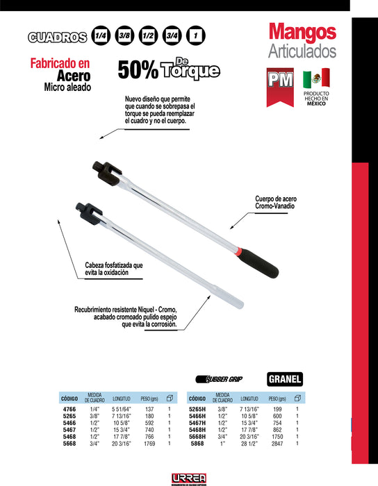 Mango articulado con mango rubber grip para dado cuadro de 3/4", 20-3/16" Urrea
