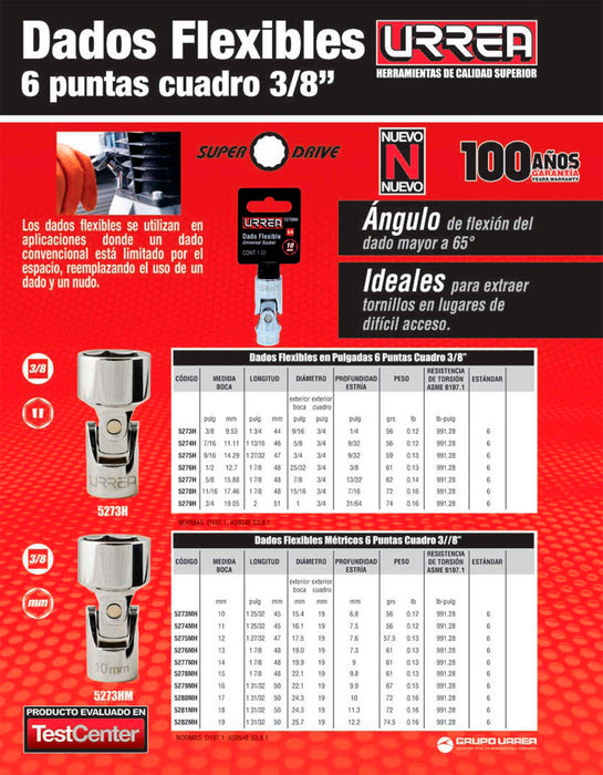 Dado flexible cuadro de 3/8", 6 puntas, en pulgadas, 3/8" Urrea