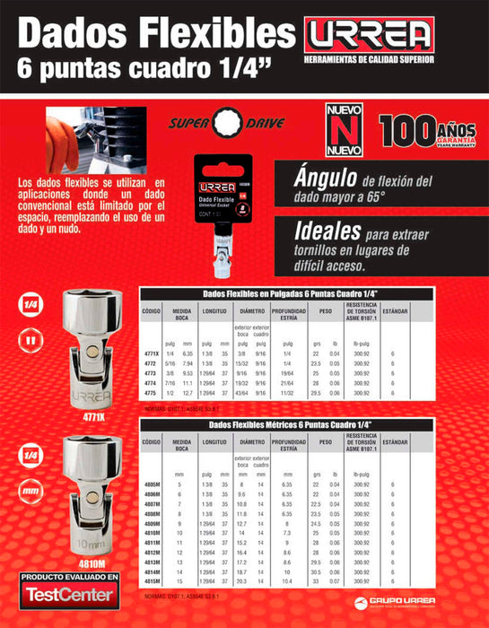 Dado flexible cuadro de 1/4", 6 puntas, en pulgadas, 1/4" Urrea