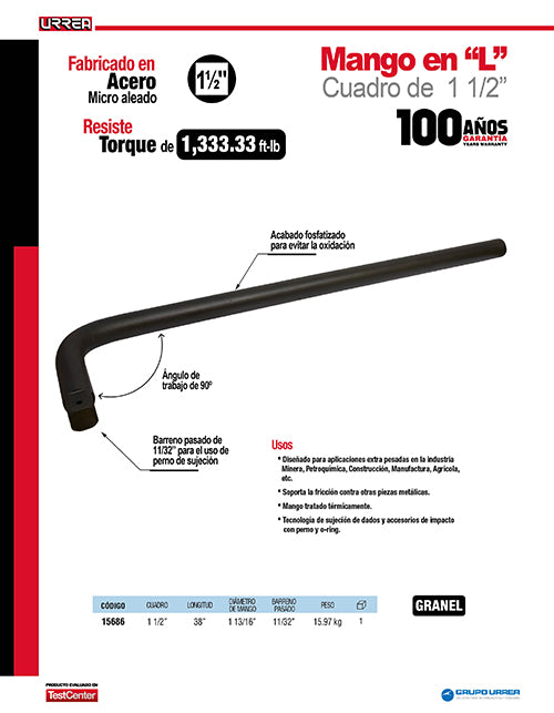 Mango en L  para dado de impacto con barreno pasado cuadro de 1-1/2", 38" Urrea