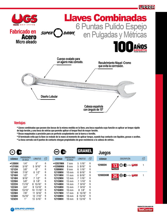 Llave combinada pulido espejo métrica, 6 puntas, 9 mm Urrea