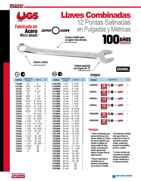 Llave combinada satinada en pulgadas, 12 puntas, 1-9/16" Urrea