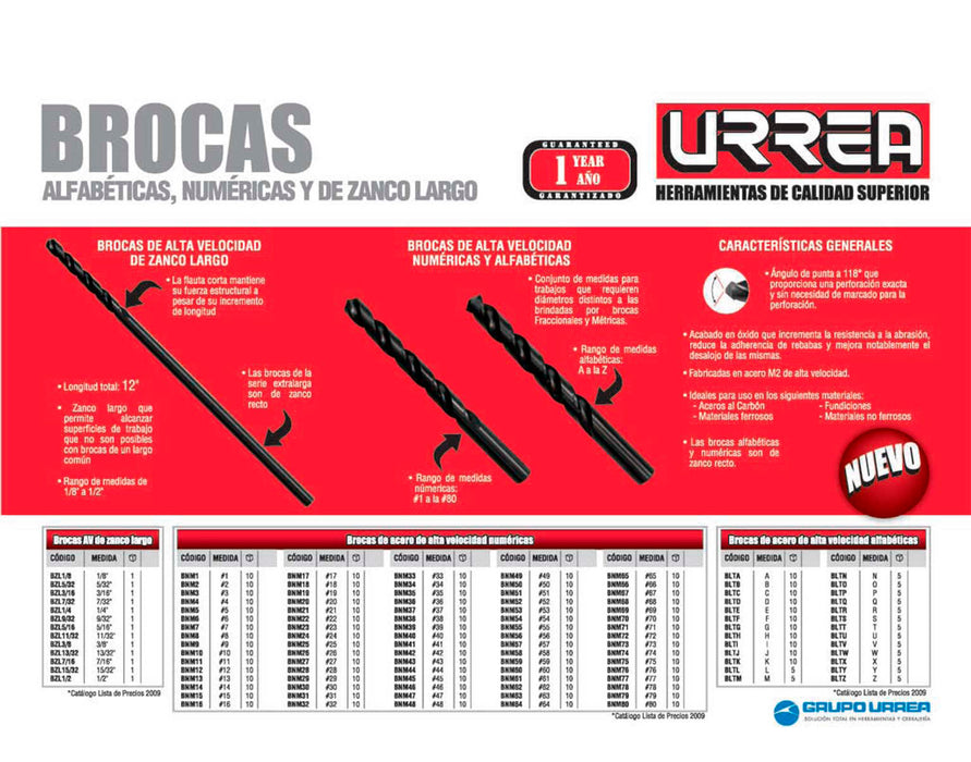 Broca negra de acero de alta velocidad numérica #1  zanco recto Urrea