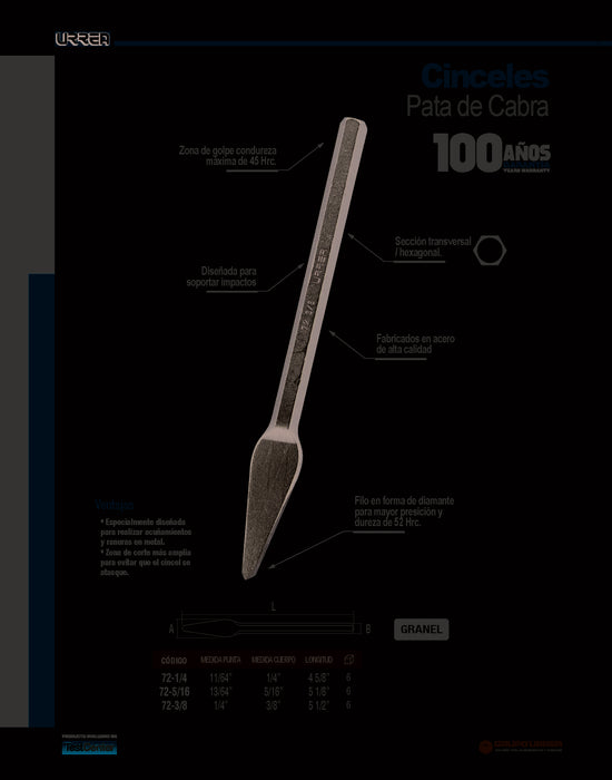 Cincel de pata de cabra 3/8", 5-1/2" Urrea