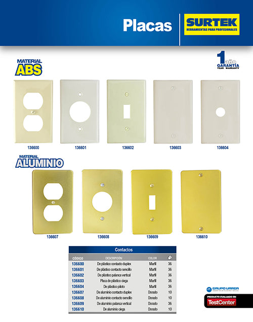 Placa ciega de aluminio, línea estándar, color oro Surtek