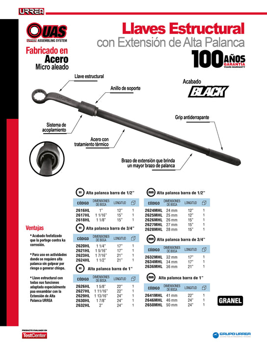 Llave acodada de alta palanca fosfatizada con cola en métrica, 12 puntas, 36 mm Urrea