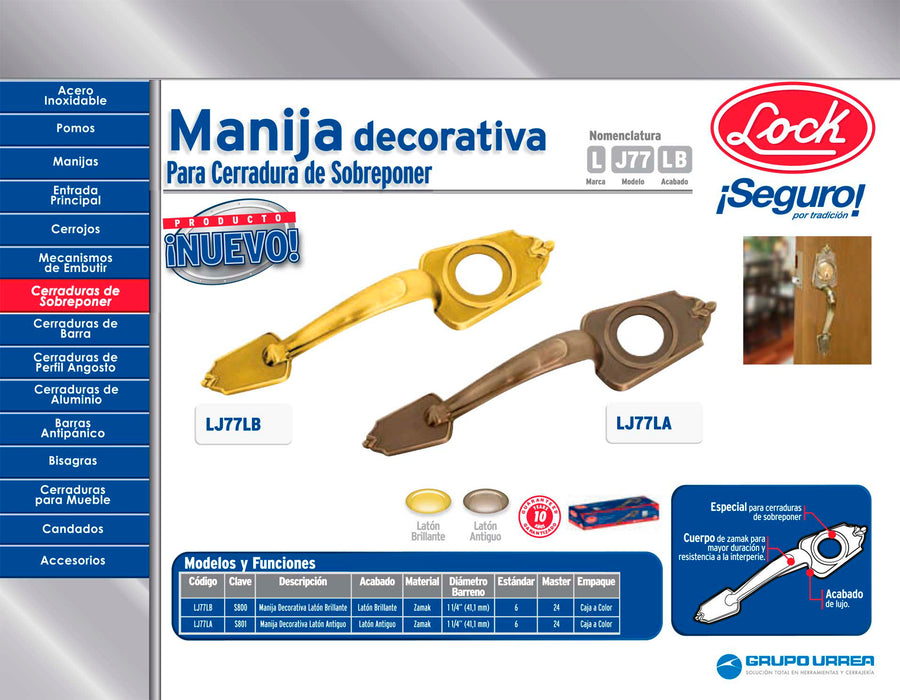 Jaladera para cerradura de sobreponer, latón brillante, en caja Lock