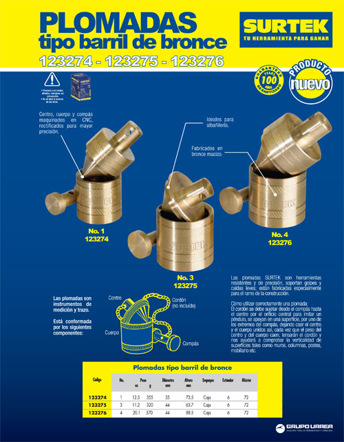 Plomada de latón tipo barril 580 g Surtek