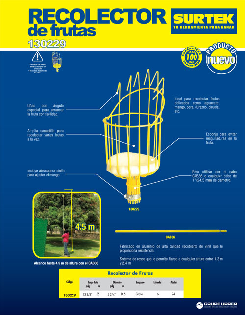 Recolector de fruta con esponja para amortiguar la caida, 5-3/4" Surtek