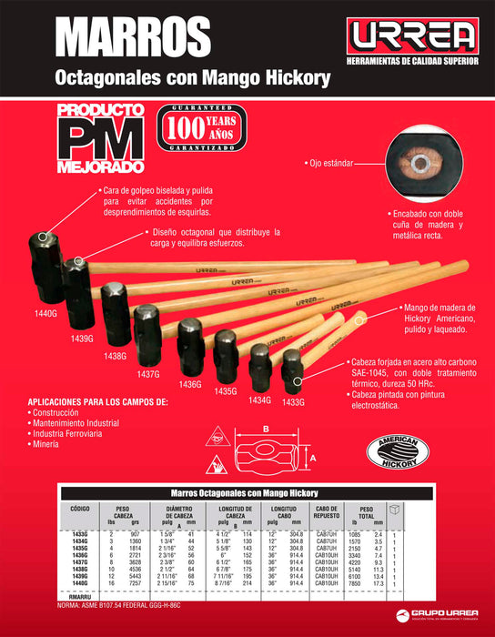 Marro octagonal cabeza maquinada con mango de madera de 36", 12 lb Urrea