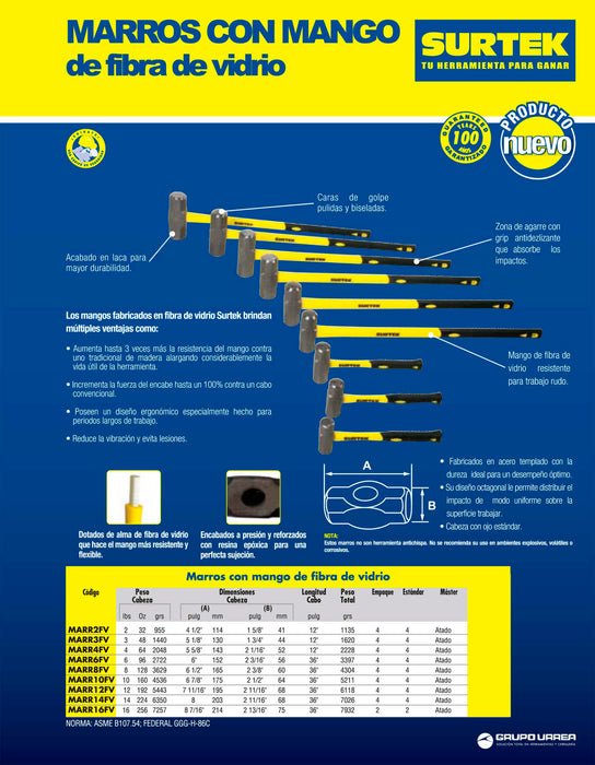 Marro octagonal cabeza forjada con mango largo de fibra de vidrio de 36", 8 lb Surtek
