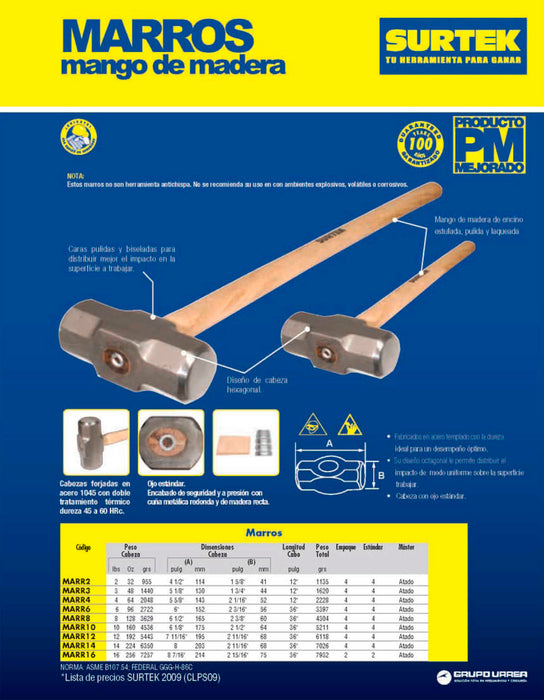 Marro octagonal cabeza forjada con mango largo de madera de 36", 8 lb Surtek